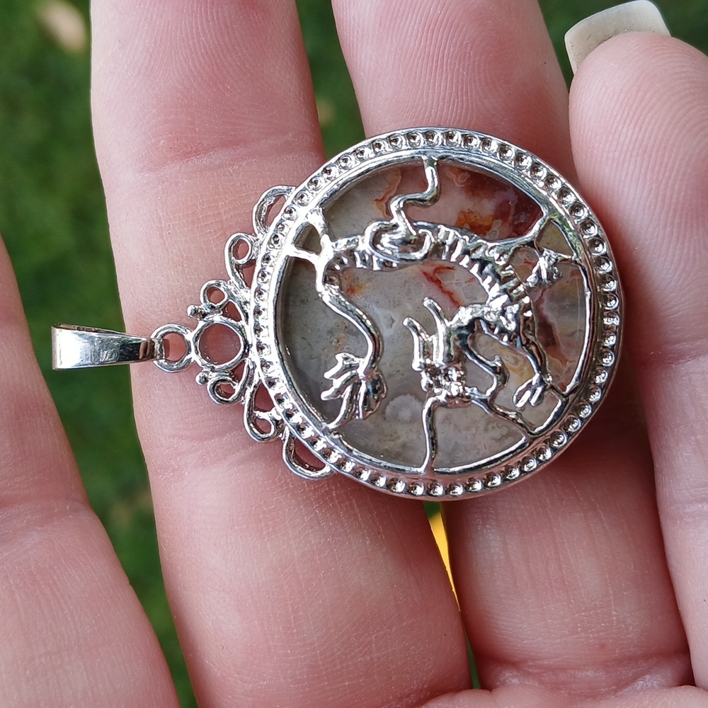 New Silver Wrapped Jasper Round Dragon Pendant.